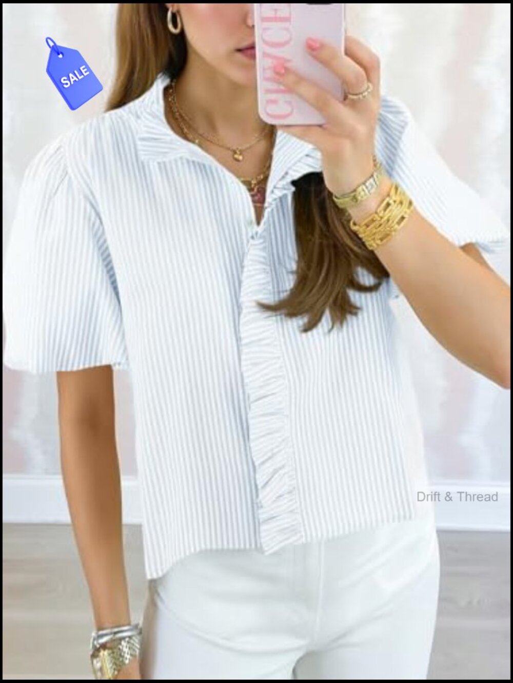 Short Puff Sleeve Button Down Shirt Ruffle Stand Collar Striped Blouse Work Top - Picture 2 of 7